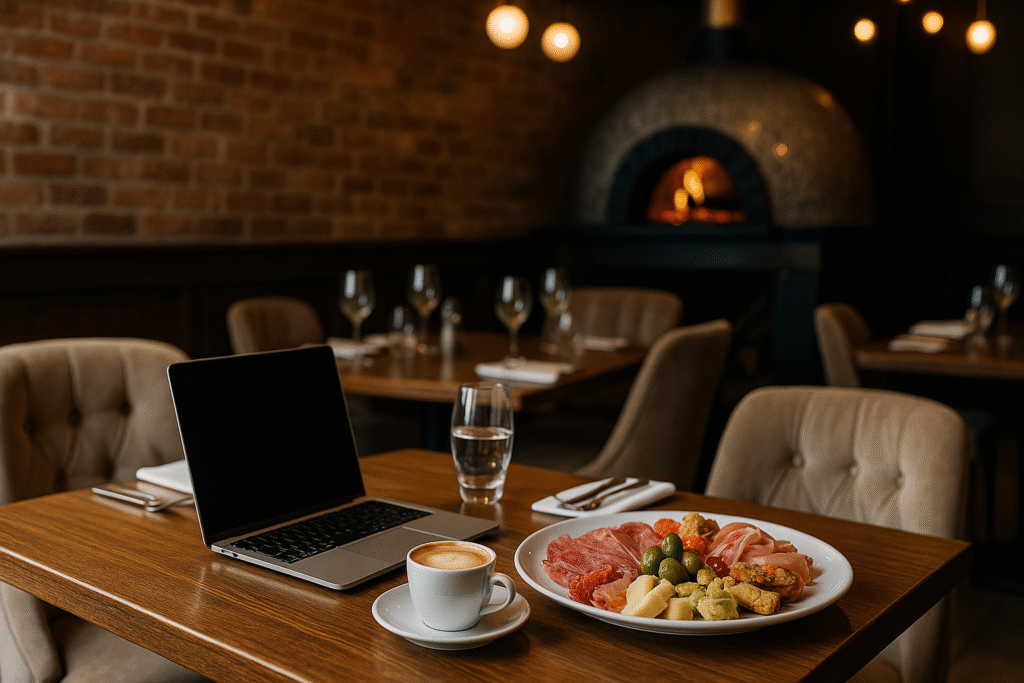 Elegancka restauracja Semola w Warszawie przygotowana na lunch biznesowy, z laptopem i włoskimi daniami na stole