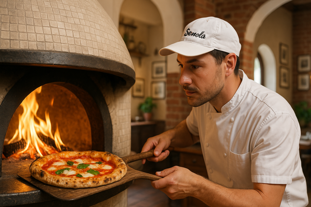 Pizzaiolo wkłada pizzę do pieca opalanego drewnem w restauracji Semola w Warszawie