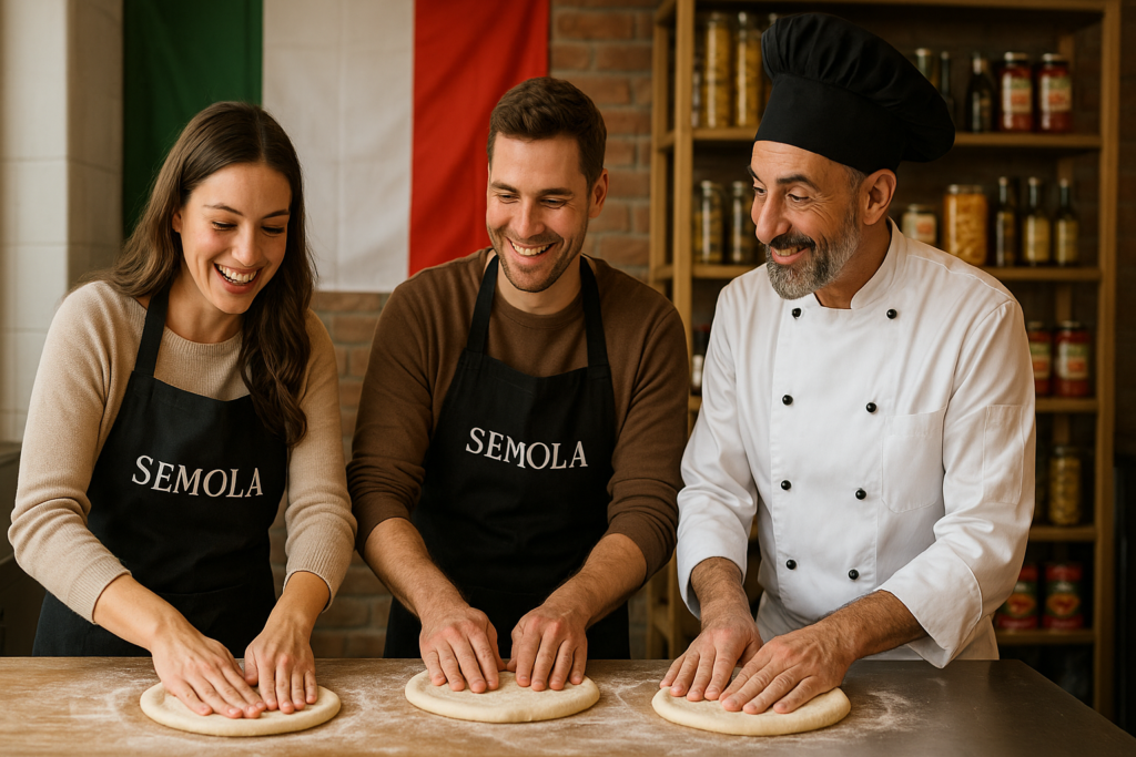Uczestnicy warsztatów kulinarnych w Semola wyrabiają ciasto na pizzę pod okiem szefa kuchni