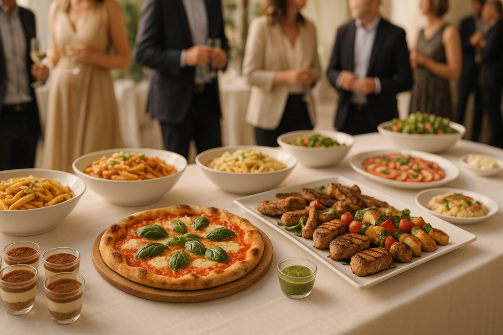 Stół z włoskim cateringiem na imprezę okolicznościową z pizzą, makaronami, grillowanymi daniami i deserami
