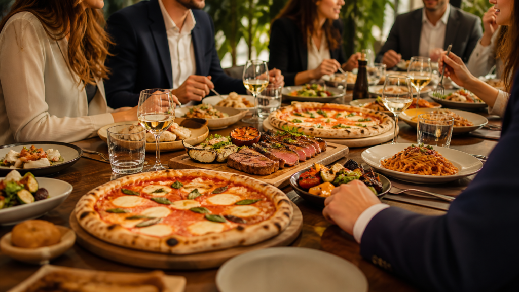 Jedzenie na imprezę firmową dla większej grupy – pizza, pasty, desery i dania na wspólnym stole
